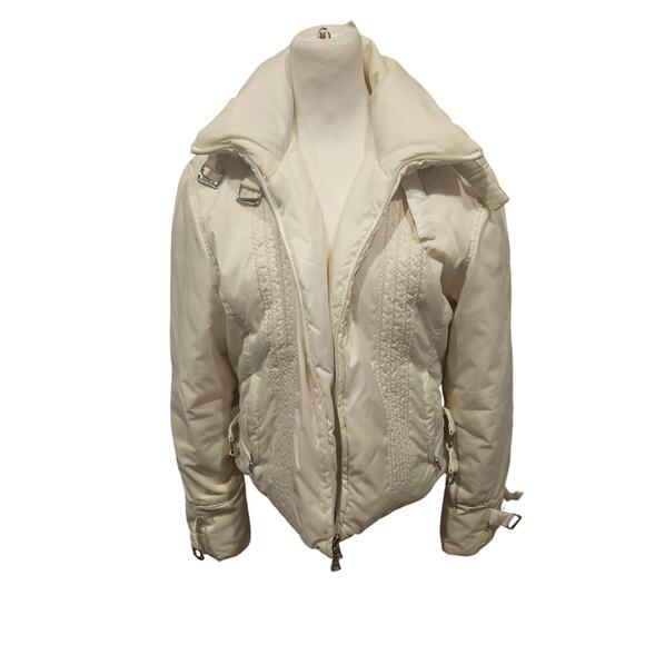 Guess y2k white ivory down bomber puffer jacket womens large medium buckle - Picture 1 of 12